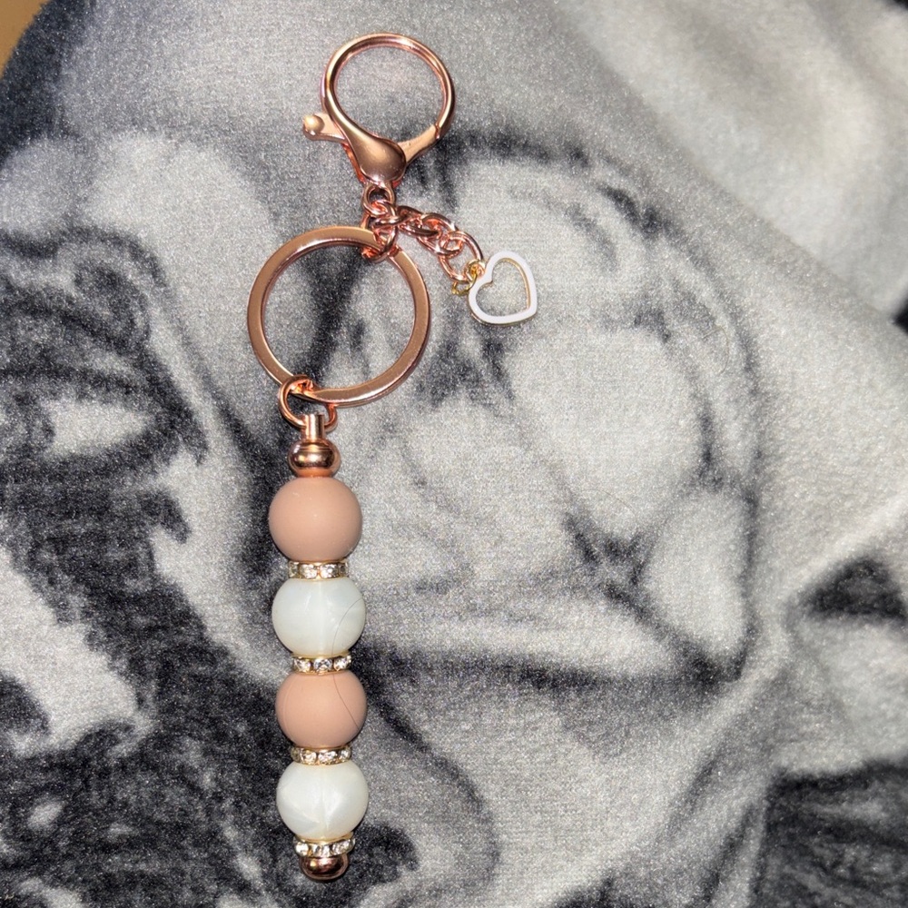 Elegant Rose Gold and White Beaded Keychain Handmade